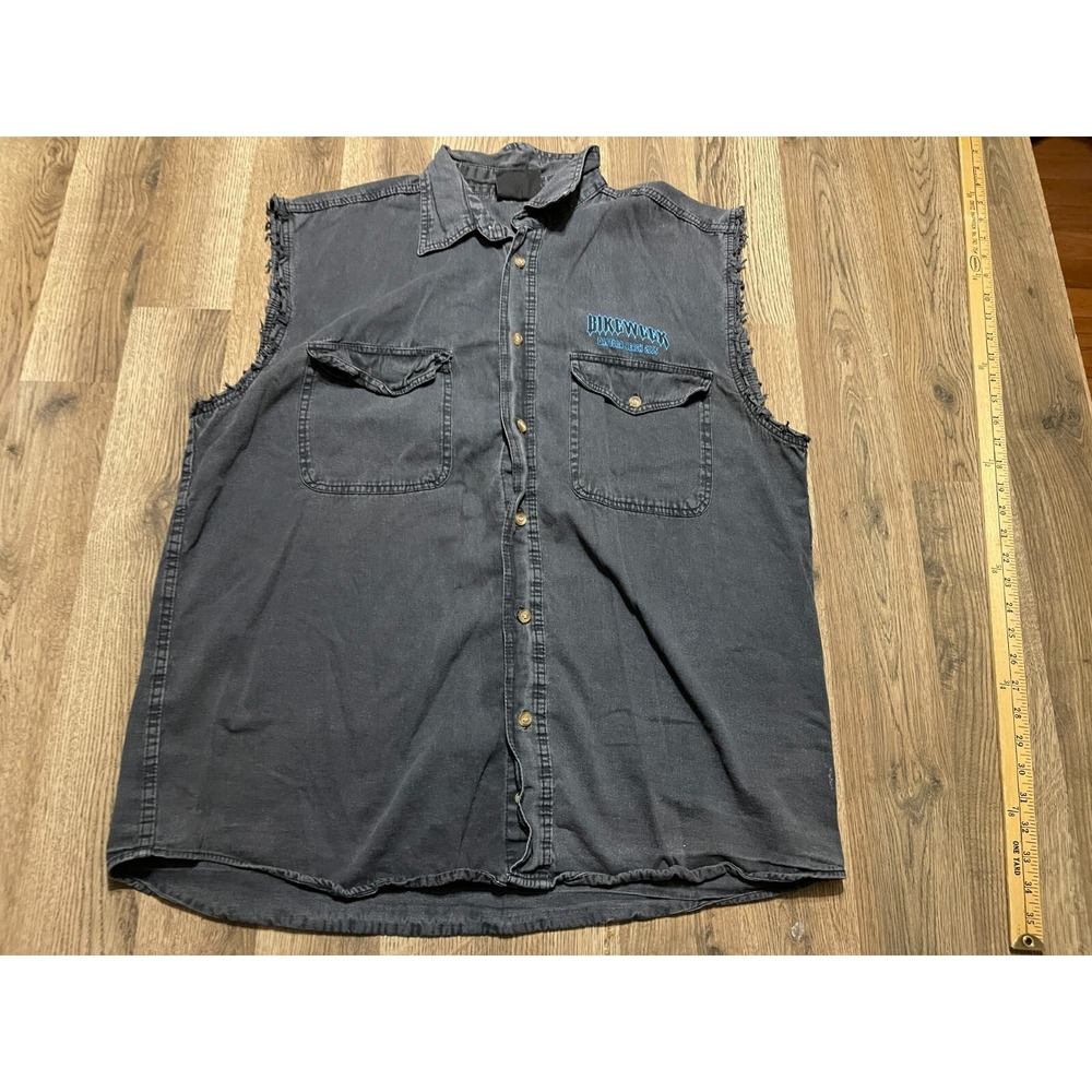 Biker Design Shirt, Mens Size XL, Black, Denim, Button Up, Sleeveless, Bike Week